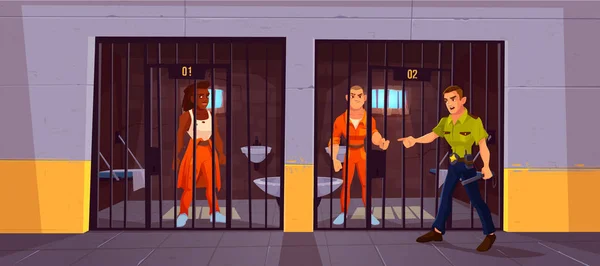 Prisoners in prison jail and policeman. Police — Stock Vector