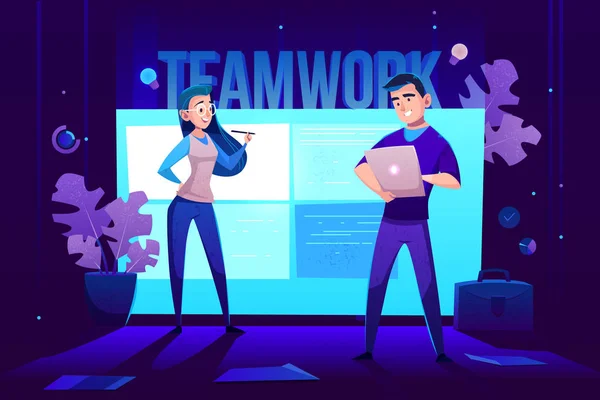 Teamwork characters at screen for presentations