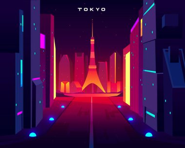 Skytree kule manzaralı Tokyo şehir gece silueti