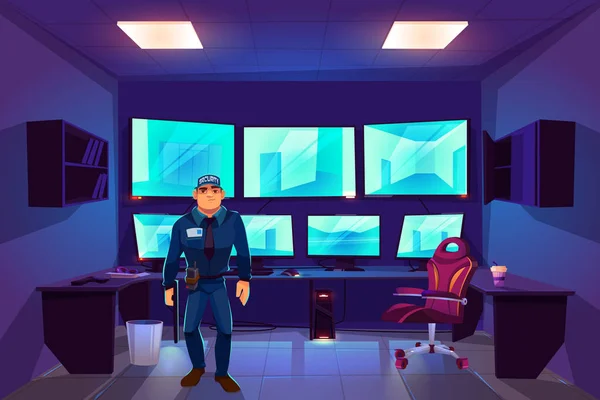 Gardien de sécurité dans la salle de contrôle cctv avec moniteurs — Image vectorielle