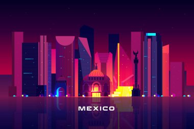Mexico city silueti, neon aydınlatma Gece şehir manzarası