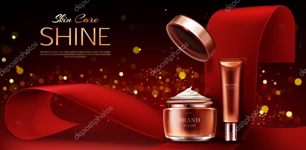 Download Cosmetics Bottles Mockup Skin Care Beauty Product Line Cream Jar And Tube On Red Background With Ribbon And Gold Sparkles Natural Cosmetic Advertising Promo Banner Realistic 3d Vector Illustration Premium Vector PSD Mockup Templates