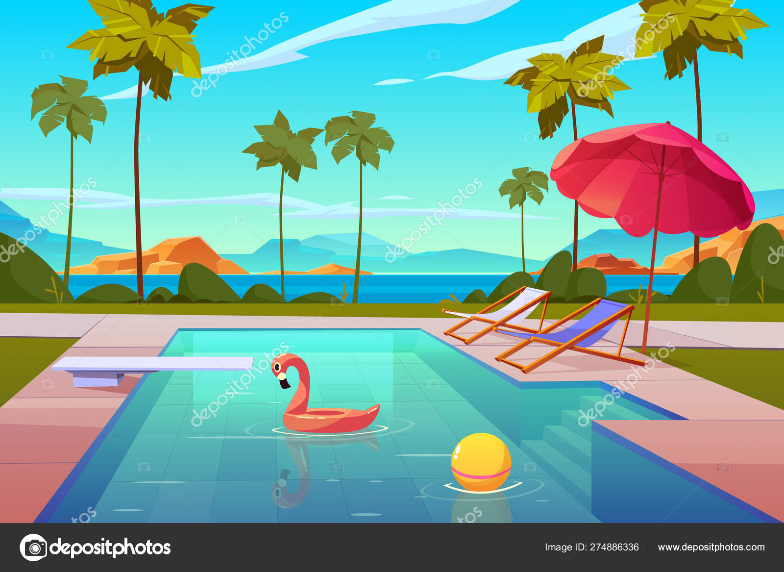 Swimming pool in hotel or resort outdoors, summer ⬇ Vector Image by
