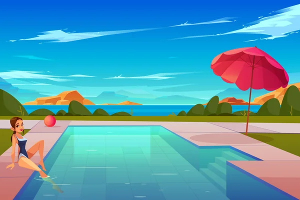 Donna che si rilassa a piscina vettore cartone animato — Vettoriale Stock