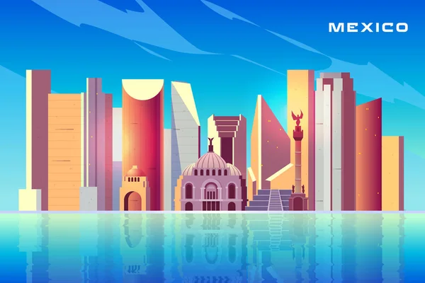 Ciudad de México skyline fondo vectorial de dibujos animados con rascacielos modernos, edificios históricos, atracciones turísticas de arquitectura, importantes monumentos culturales que reflejan en la ilustración de la superficie del agua — Archivo Imágenes Vectoriales