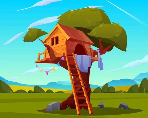 Casa de madeira na árvore, parque infantil vazio —  Vetores de Stock