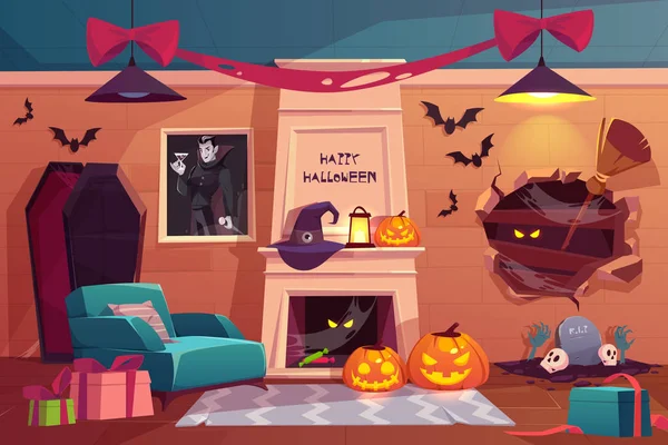Intérieur Halloween, chambre vampire effrayant vide . — Image vectorielle