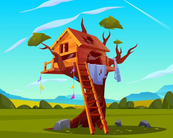 Casa abandonada en el árbol, patio de recreo asustadizo vacío — Vector de stock