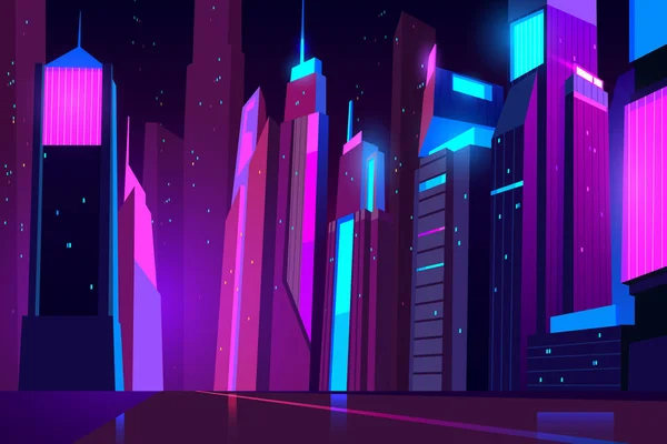 Ciudad nocturna con luces de neón. Paisaje urbano futurista — Vector de stock