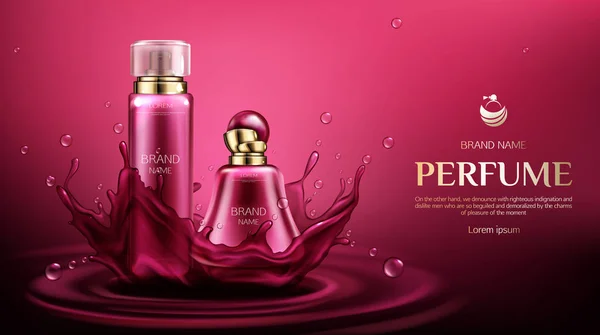 Parfum deodorant flessen op water splash achtergrond — Stockvector