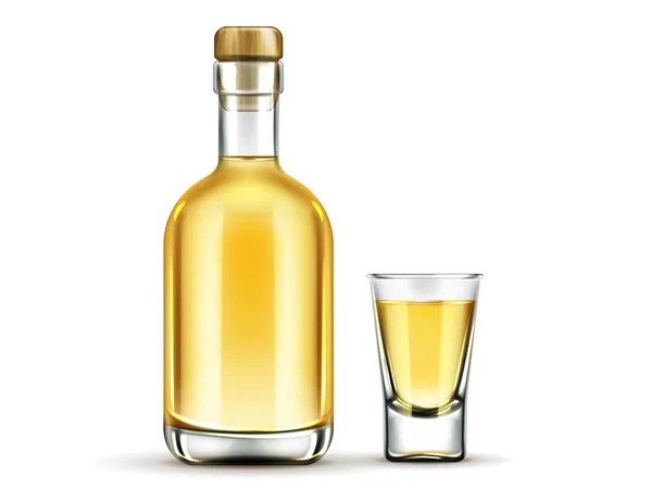Botella de tequila de oro y vaso de chupito simulan bebida — Archivo Imágenes Vectoriales
