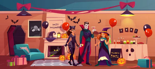 Personagens de Halloween em festa decorada interior —  Vetores de Stock