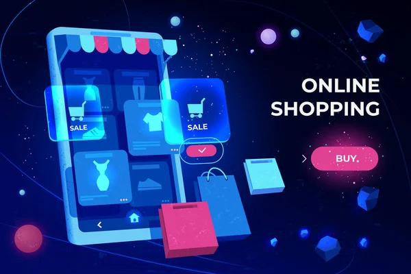 Pagina di destinazione dello shopping online, schermo dello smartphone — Vettoriale Stock