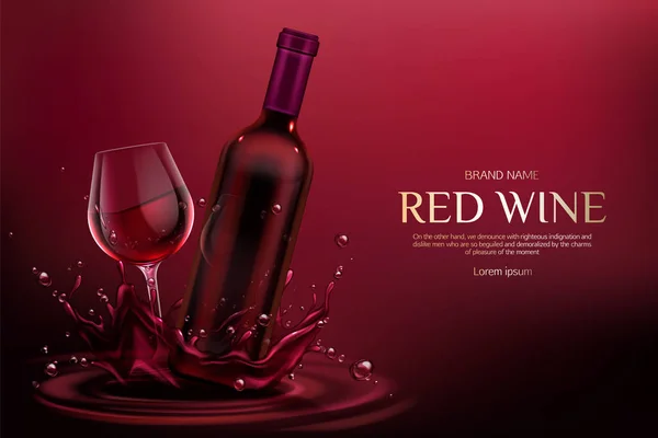 Rotweinflasche und Glas, Weinalkohol — Stockvektor