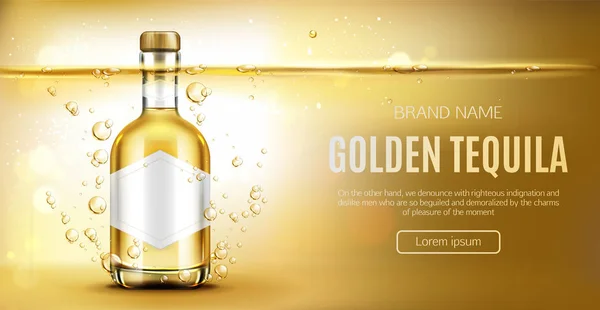 Botella de tequila de oro simulan banner publicitario — Archivo Imágenes Vectoriales