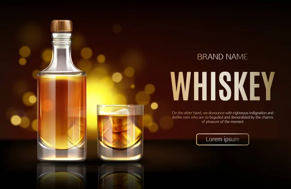 Whiskey-Flasche und Glas-Attrappe Promo-Werbebanner, — Stockvektor