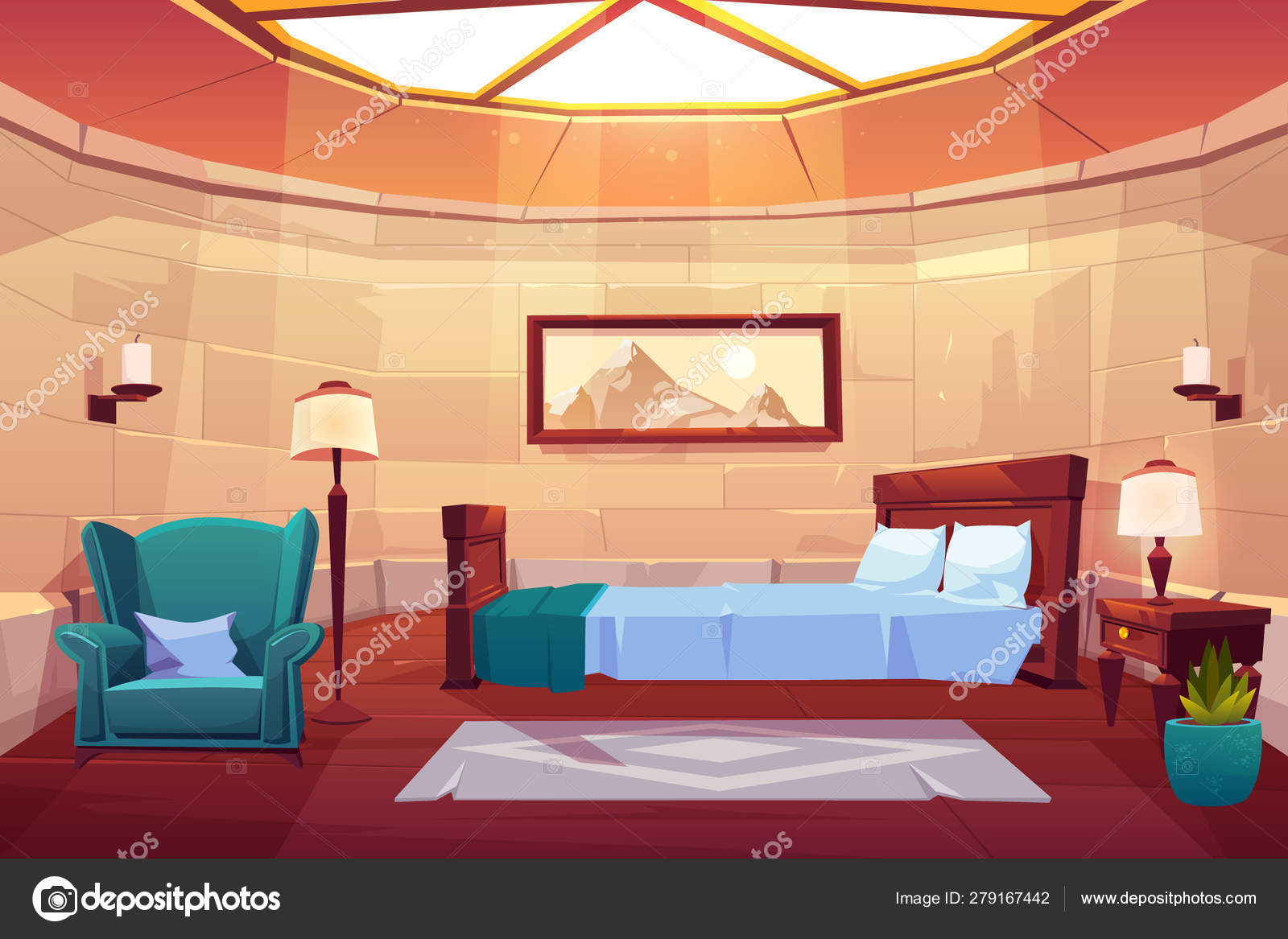 Bedroom in castle or palace. Empty sunny apartment Stock Vector by  ©vectorpouch 279167442, image size:1600x1167