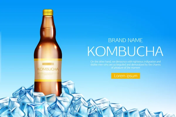 Botella de Kombucha en cubos de hielo montón de banner de maqueta — Archivo Imágenes Vectoriales