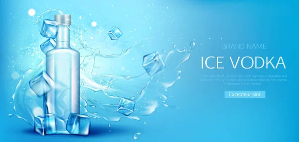 Botella de vodka con cubos de hielo mockup banner de promoción — Archivo Imágenes Vectoriales