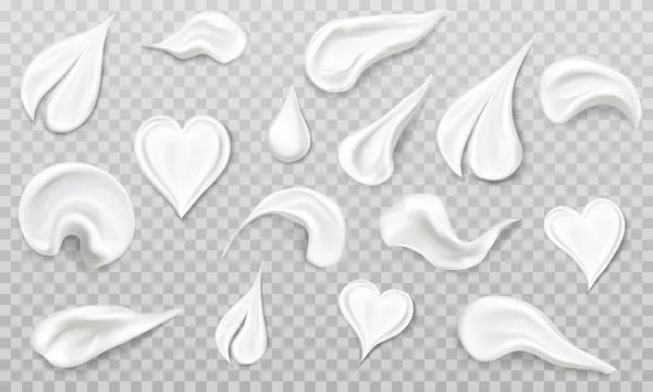 Set de muestras de manchas de crema blanca. Corazón, hoja, gota — Vector de stock