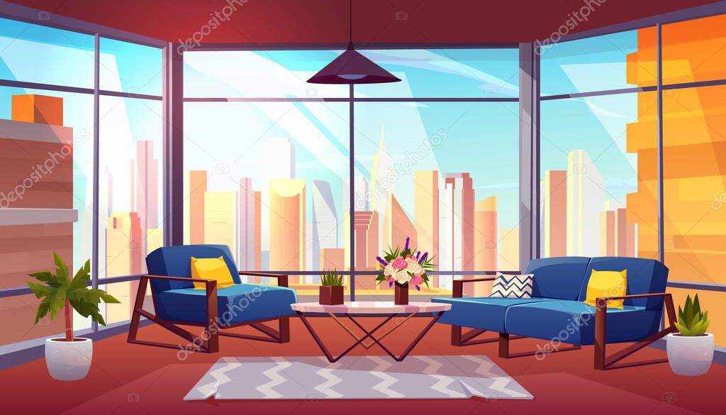 Hotel suite in skyscraper cartoon vector interior