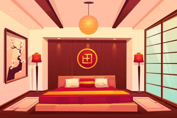 Asiatique chambre à coucher, chinois, japonais, chambre orientale — Image vectorielle