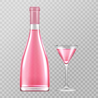 Pembe şampanya şişesi ve cam, gül kabarcıklı şarap