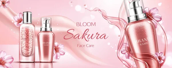 Sakura cosmetics bottles banner, serum and primer
