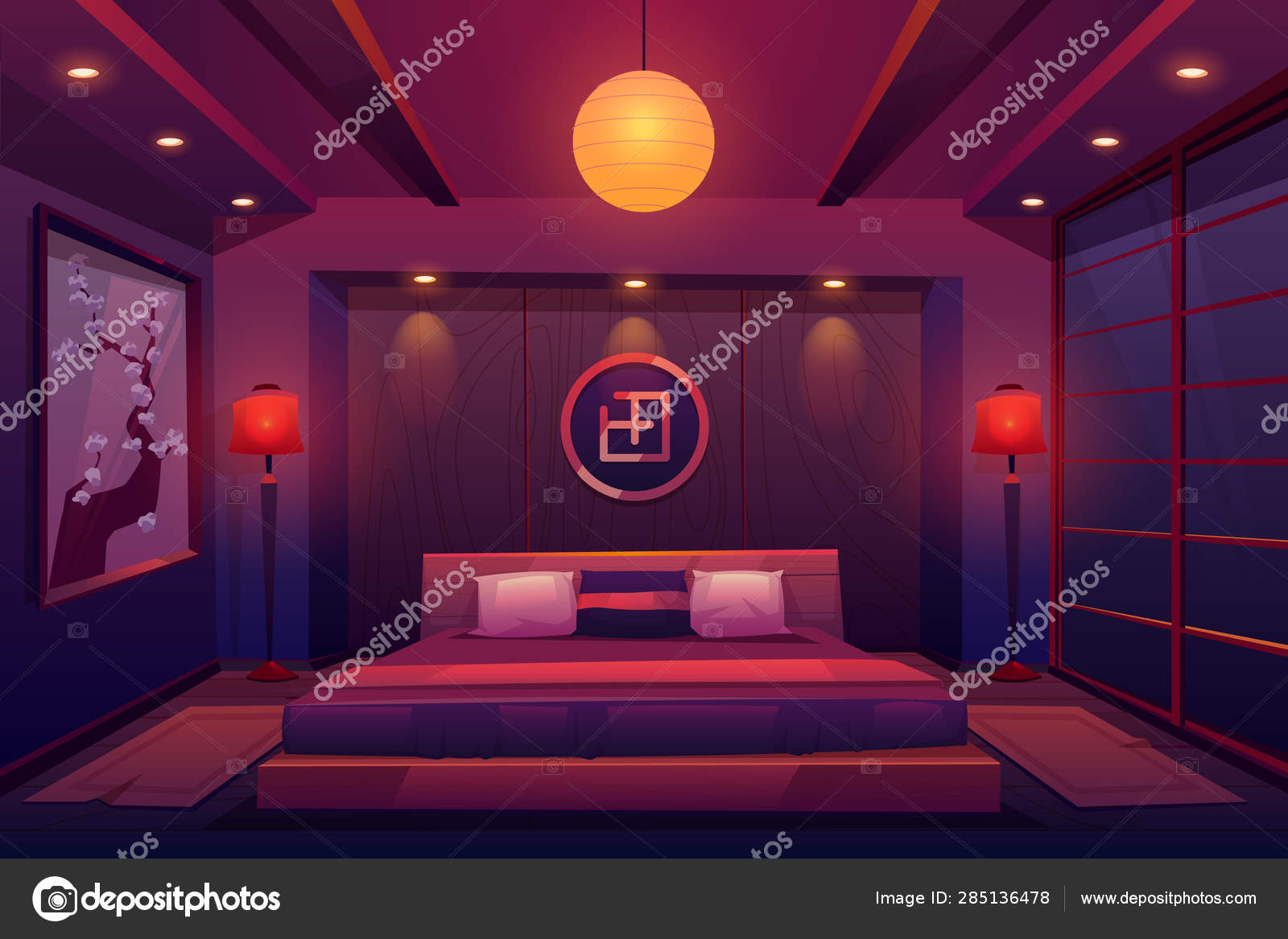 Asian Night Bedroom Chinese Japanese Room Stock Vector