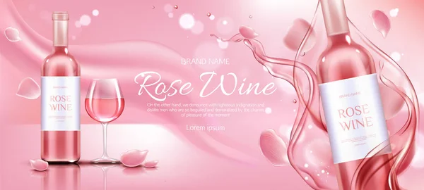 Rose Weinflasche und Glas-Attrappe Promo-Banner — Stockvektor