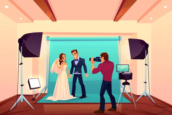 Wedding studio photo shoot with bride and groom — Stock Vector