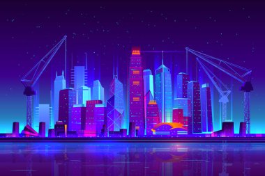İnşaat vinçler ile gece neon şehir Binası