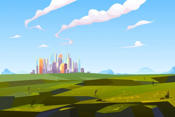 Ciudad futurista en verde valle entre montañas — Vector de stock