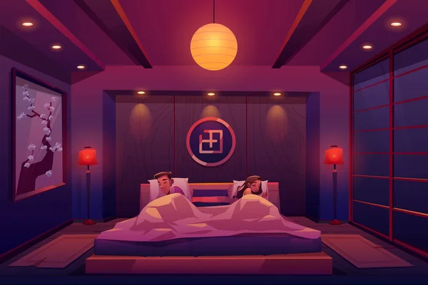 Junges Paar schläft im Bett, Mann und Frau schlafen — Stockvektor