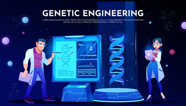 Wetenschappers in witte gewaden bestuderen DNA op het scherm — Stockvector