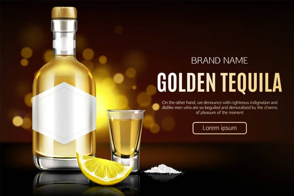 Tequila fles, shot glas, zout en citroen slice — Stockvector