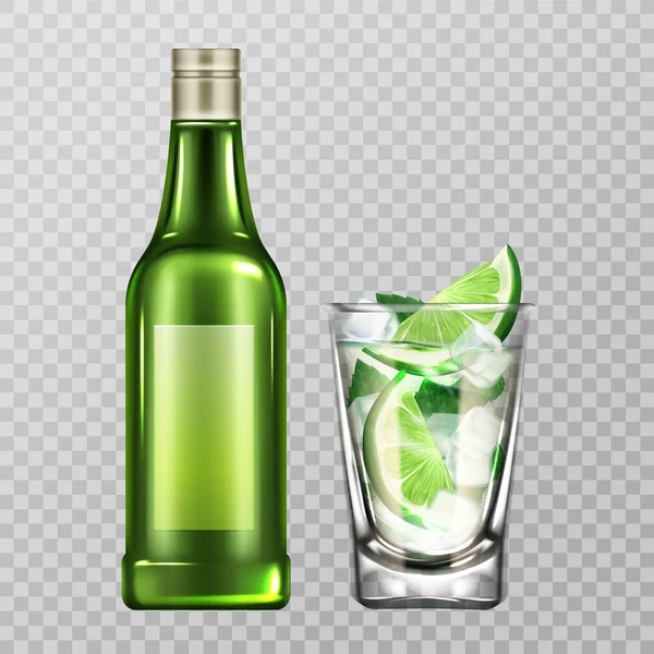 Bouteille de mojito et verre avec liqueur, chaux et glace — Image vectorielle