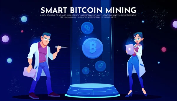 Έξυπνη σελίδα προορισμού ορυχείων Bitcoin, επιστήμονες — Διανυσματικό Αρχείο