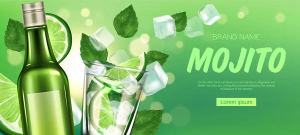 Botol Mojito dan gelas dengan minuman keras, kapur dan es - Stok Vektor