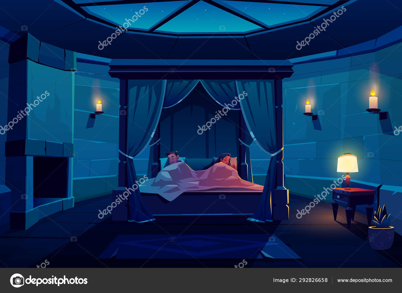 Young couple sleeping in bed with canopy in castle Stock Vector by  ©vectorpouch 292826658, image size:1600x1167