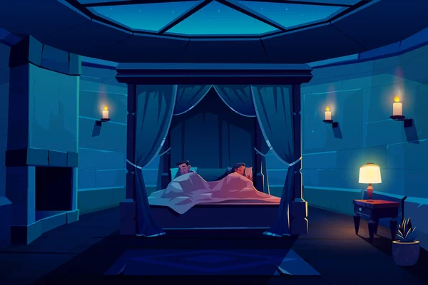 Młoda para śpi w łóżku z baldachimem w zamku — Wektor stockowy
