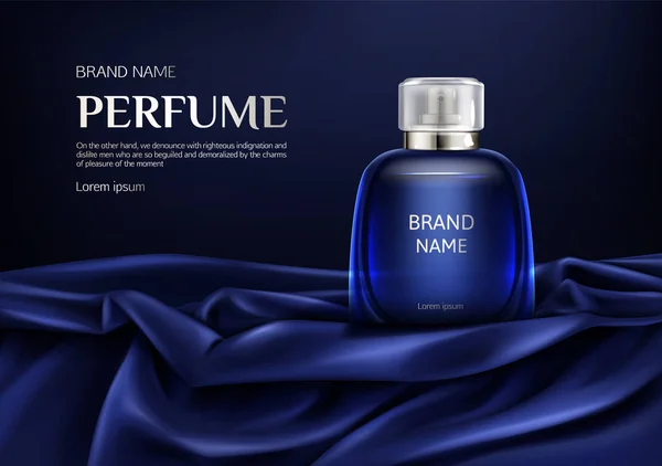 Frasco de vidrio de perfume en tela plegada de seda azul — Vector de stock