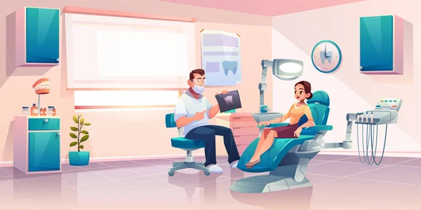 Paciente en el consultorio del dentista, mujer en silla médica — Archivo Imágenes Vectoriales