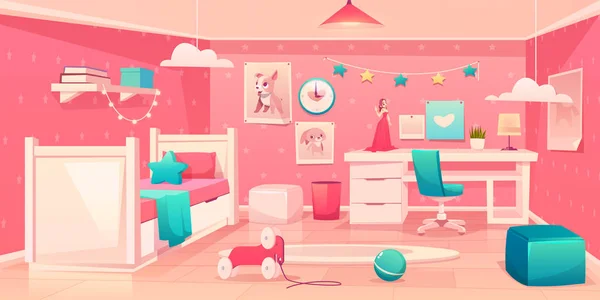 Kleines Mädchen Schlafzimmer gemütliche Interieur Cartoon-Vektor — Stockvektor