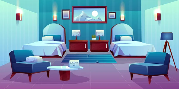 Hotel Dvoulůžkový pokoj kreslený vektorový interiér — Stockový vektor
