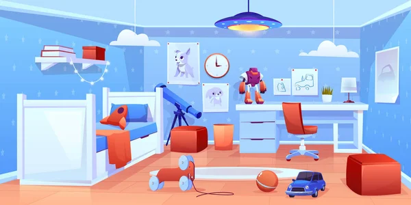 Petit garçon confortable chambre à coucher intérieur dessin animé vecteur — Image vectorielle