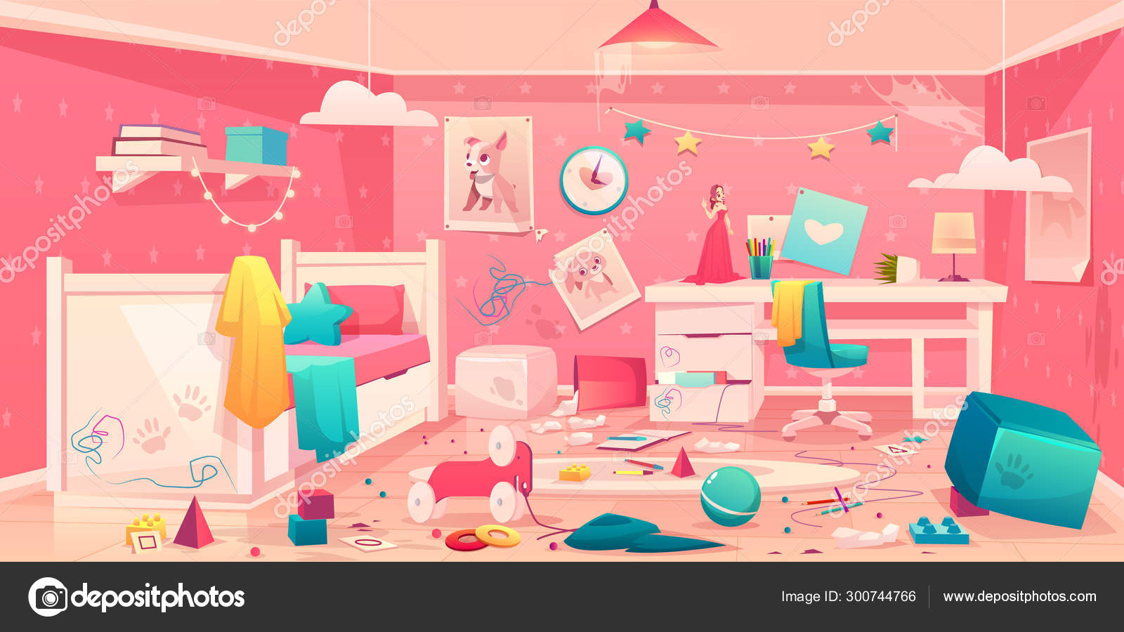 Little Girl Messy Bedroom Cartoon Vector Interior Stock