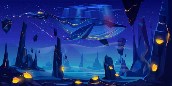 Rêve fantastique, conte de fées de l'espace avec énorme baleine — Image vectorielle
