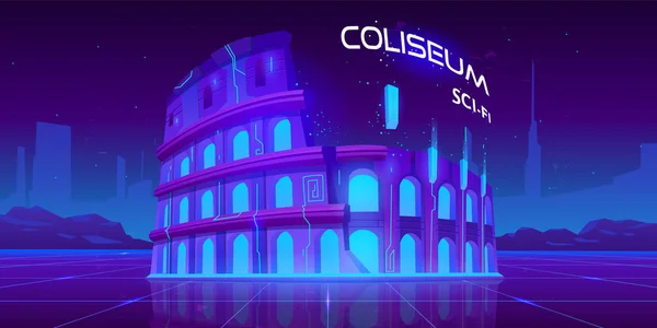 Neon-Kolosseum auf glühendem Retro-Sci-Fi-Hintergrund — Stockvektor