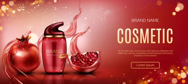 Frasco de romã cosmética simular banner de beleza — Vetor de Stock